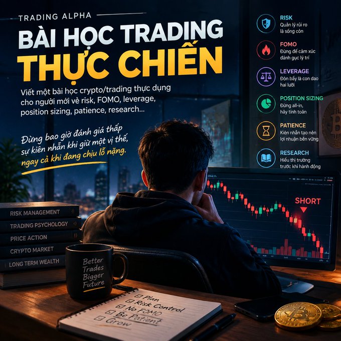 A Vietnamese digital graphic titled 'BÀI HỌC TRADING THỰC CHIẾN' featuring a person looking at a trading chart with a 'SHORT' indicator, surrounded by icons for Risk, FOMO, Leverage, Position Sizing, Patience, and Research, with stacked books labeled 'RISK MANAGEMENT', 'TRADING PSYCHOLOGY', etc.