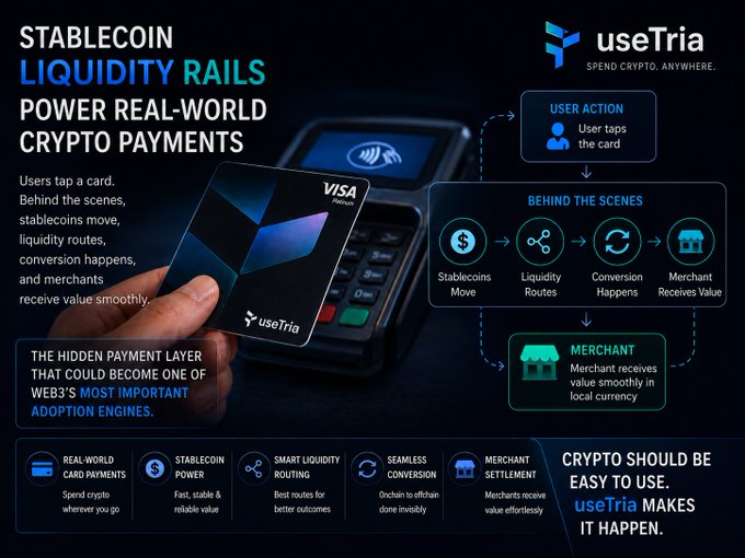 The image shows a person holding up a credit card against a dark background with text explaining the concept of stablecoins and their role in crypto payments. The text highlights that stablecoins are used as a real-world payment method, making transactions more convenient for users. It also mentions that stablecoins can be easily converted into fiat currency or other cryptocurrencies, providing flexibility to users.