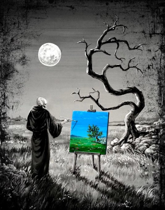 A surreal black-and-white illustration of a skeletal monk in a dark hooded robe painting a colorful landscape of a green field and blue sky on an easel, set against a barren landscape with a twisted dead tree and full moon.