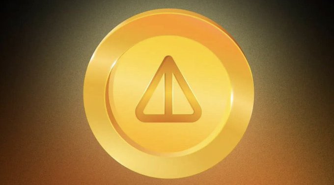A glowing golden circular coin or token featuring an embossed triangular symbol in the center, set against a dark, textured background.