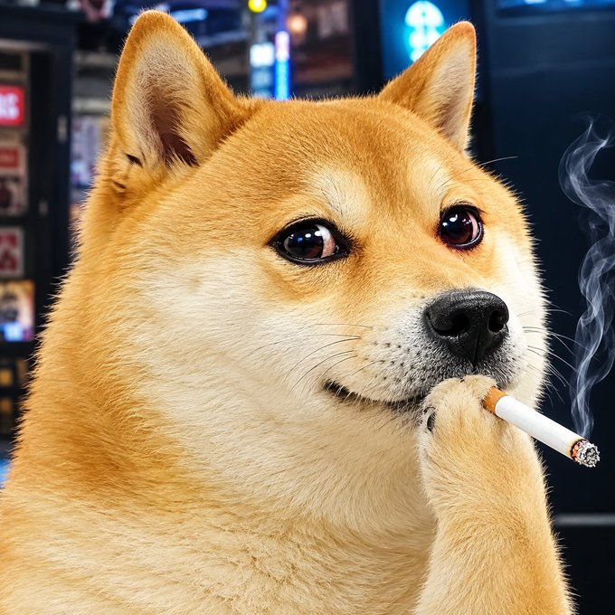 A Shiba Inu dog holds a lit cigarette in its paw, appearing to smoke it.