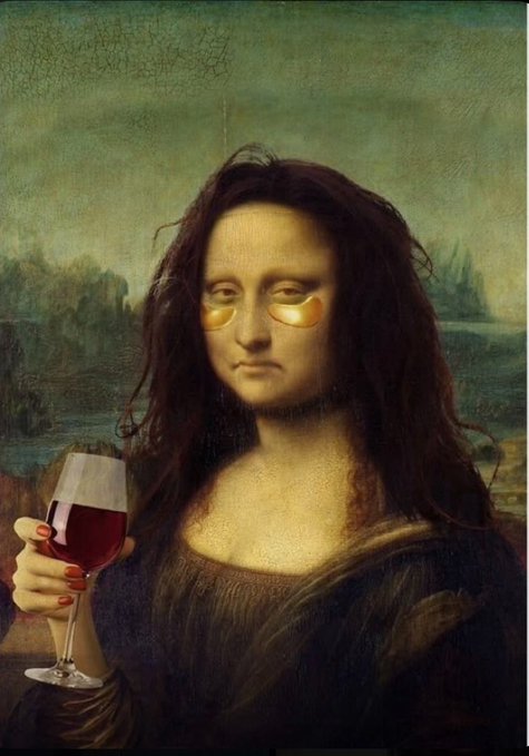 A modified version of Leonardo da Vinci's "Mona Lisa" painting, where the subject has golden under-eye patches and is holding a glass of red wine with red-painted nails.