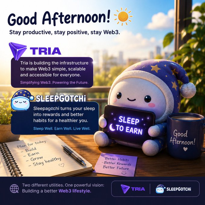 A purple-hued cartoon owl holds a "Good Afternoon!" sign, accompanied by a blue mug and a notebook on a desk with a city skyline backdrop.