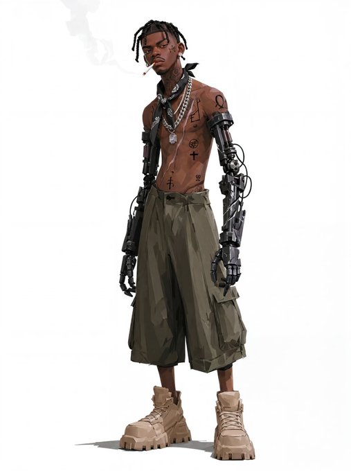 A digital character illustration of a shirtless figure with braided hair, tattoos, cybernetic arms, baggy olive cargo shorts, and tan boots, smoking a cigarette.