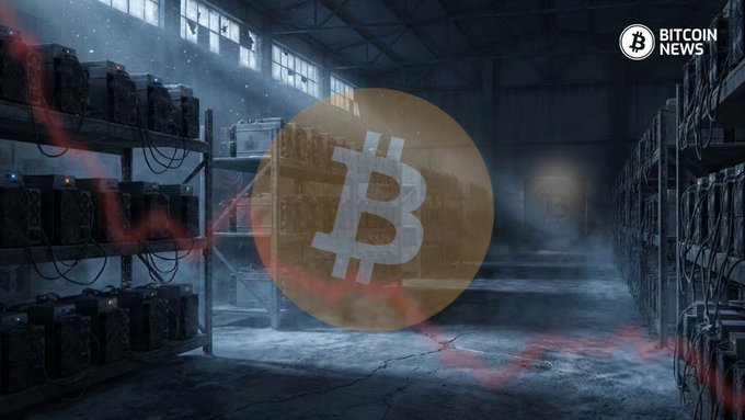 Rows of cryptocurrency mining rigs line a dim industrial facility, overlaid with a large Bitcoin logo and a red downward trend line, visually reinforcing the news that public Bitcoin miners have sold 28,000 BTC ($1.78B) so far in 2026. The "BITCOIN NEWS" watermark appears in the top right corner.