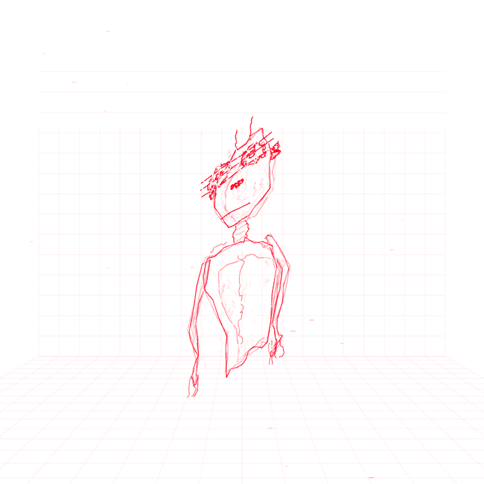 A red wireframe skeletal figure stands inside a 3D grid room rendered in retro digital art style.