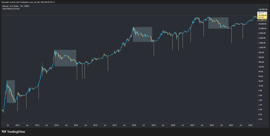 A TradingView price chart for 'Venom / U.S. Dollar' on Binance, with the text 'Hash Ribbons Overlay' and showing long-term price history from 2012 to 2024.