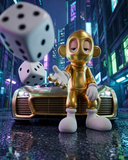 A 3D render of a gold monkey character sitting on the hood of a luxury car in a neon-lit city, tossing white dice into the air.