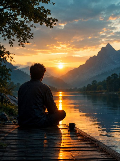 A scenic digital illustration showing a person in silhouette sitting on a wooden dock at sunset, holding a mug, overlooking a calm lake surrounded by mountains and framed by tree branches.
