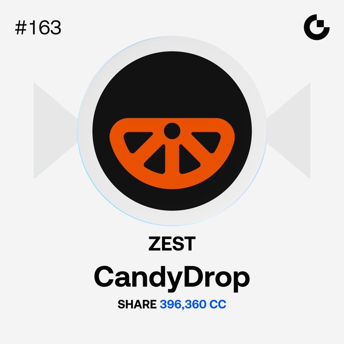 The image features a logo for Candy Drop, an online marketplace where users can buy and sell candies. The logo consists of an orange circle with a black center, which represents the candy itself. Below the logo, there's text that reads "ZEST Candy Drop Share 3936CC". This suggests that the user is sharing candies on this platform. The image also includes a number, "163", and a website address, "gate.com/candy-drop/det".