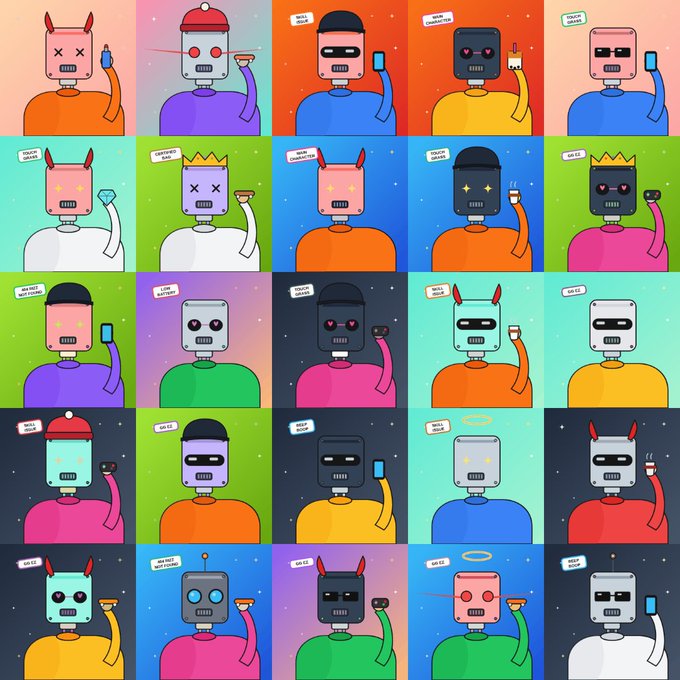 A grid of colorful cartoon robots with various accessories like horns, crowns, and halos, each holding a smartphone and displaying speech bubbles with phrases such as "HOLD," "LETS BEAT," "WHY NOT A LITTLE," and "BUY DIPS," matching the post's promotion of 4,444 unique "Robo Hood" NFT characters coming to Robinhood.