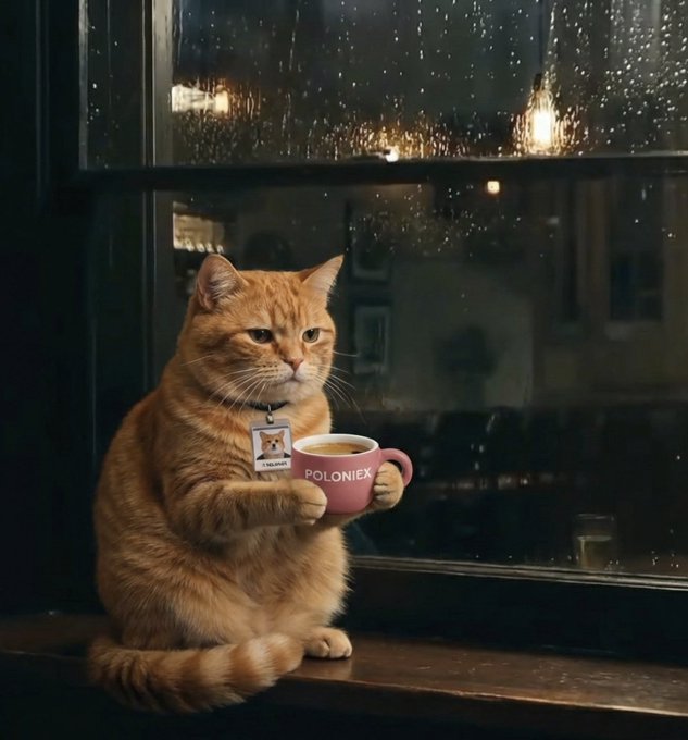 An orange tabby cat sits on a windowsill holding a mug labeled "POLONIEX" against a rainy night backdrop, with a lanyard bearing a small ID photo. The cozy, whimsical scene pairs with the post's message about enjoying a warm cup of coffee and crypto trading company, capturing the relaxed Friday night vibe with the Poloniex brand as the drink of choice for traders.