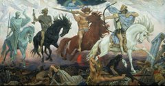 A classical painting depicting four horsemen on horseback—rendering them in white, black, red, and pale horses—charging across a landscape with fallen figures beneath them, reminiscent of the Four Horsemen of the Apocalypse.