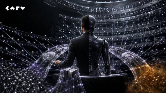 A humanoid figure in a suit stands at a podium in a vast, futuristic stadium, with intricate glowing neural networks and interconnected nodes radiating outward in blue and purple hues against the dark background, visually representing an AI agent whose reputation and task verification rely on a distributed web of validators. The "CARV" logo appears in the upper left corner, tying the imagery to the decentralized data and identity infrastructure the post describes.