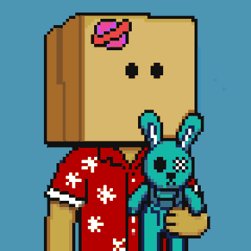 A pixel art character resembling a blocky figure with a kiss mark on its forehead, wearing a red floral shirt and holding a small blue stitched bunny toy.