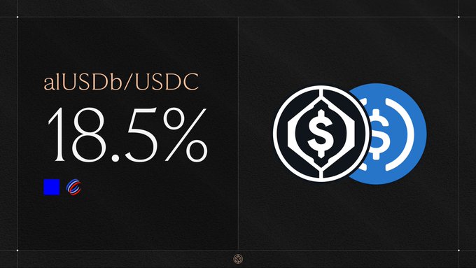 A dark promotional graphic displaying 'alUSDb/USDC 18.5%' with cryptocurrency logos.