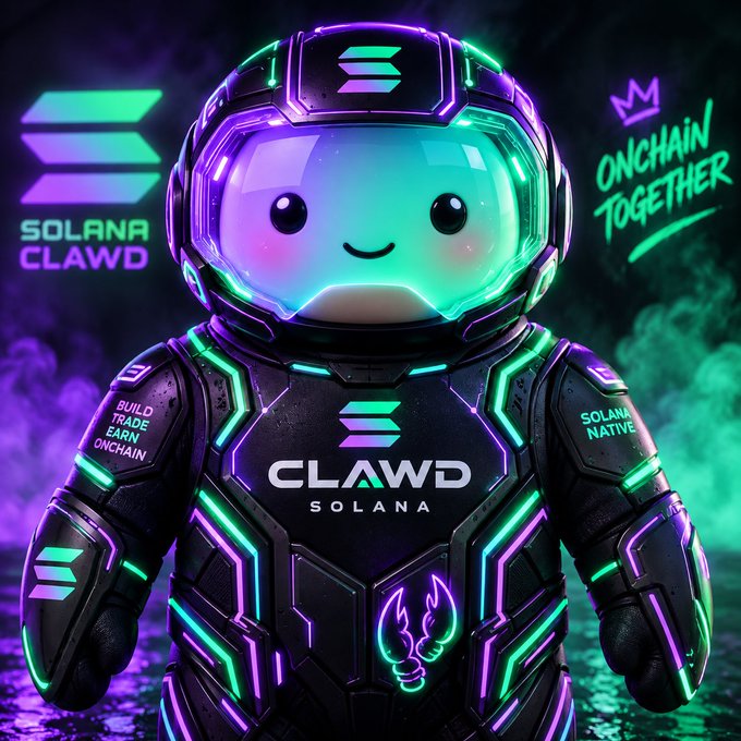 A neon-lit robotic astronaut character branded "CLAWD SOLANA" with text "ONCHAIN TOGETHER", "BUILD TRADE EARN ONCHAIN", and the Solana logo.