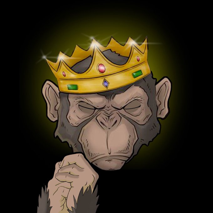 A digital illustration depicts a chimpanzee wearing an ornate golden crown adorned with red, green, and blue jewels, with its eyes closed and hand resting thoughtfully under its chin in a contemplative pose. The regal imagery aligns with the post's tone of a creator considering handpicking collaboration spots, conveying an air of thoughtful leadership and decision-making authority for the @ProjectShiesty project.