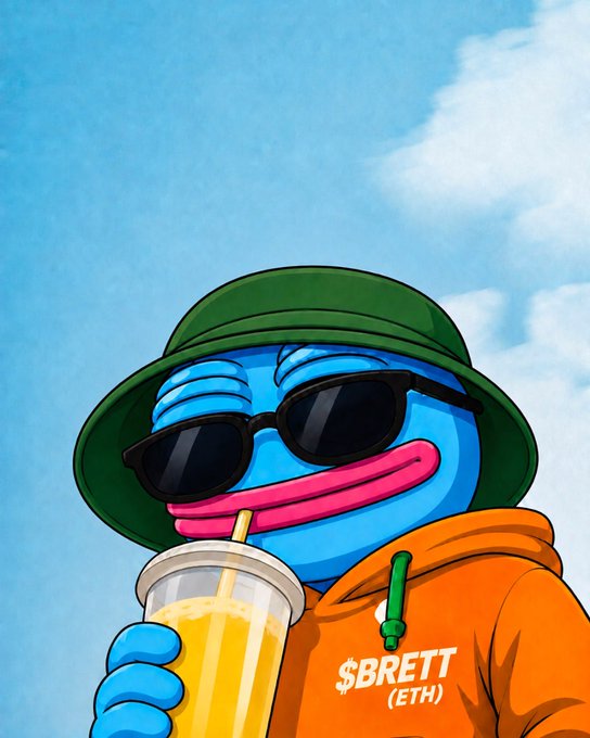 A cartoon-style illustration of a blue frog-like character wearing a green bucket hat, black sunglasses, and an orange hoodie that reads '$BRETT (ETH),' sipping a yellow drink with a straw against a blue sky.