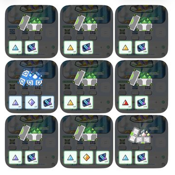 A grid of nine game interface panels from a digital collectible card game, each showing card pack openings with various colored gems, dice-like symbols, and stacks of cards.