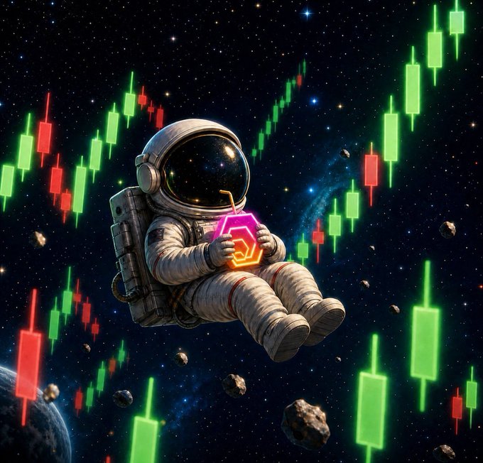 A digital illustration of an astronaut floating in space surrounded by asteroids, drinking from a glowing geometric cup, with green and red candlestick chart patterns floating in the starry background.