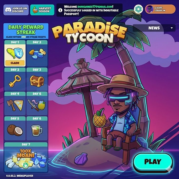 The image features an advertisement for a video game called Paradise Tycoon. The game is set in a tropical island environment with palm trees and a sandy beach. A man wearing sunglasses sits under a thatched roof hut, holding a pineapple drink. The advertisement promotes the game as a daily reward system where players can claim their rewards by playing the game for seven days. It also mentions that the game has been NFTs (Non-Fungible Tokens) and is available on Steam.