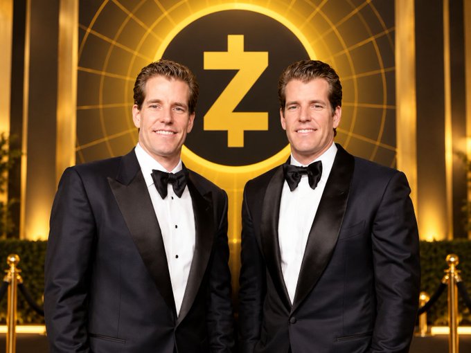 Two men in black tuxedos with bow ties stand smiling in front of a glowing gold backdrop displaying a stylized "Z" symbol, representing the Winklevoss twins as they file for a Zcash ($ZEC) ETF on Nasdaq under the ticker $WINK.