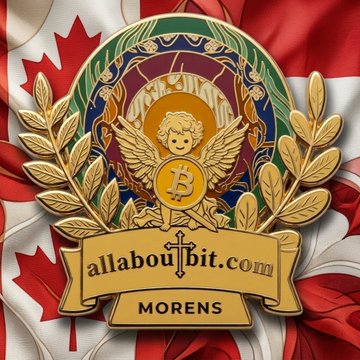 Emblem design with a Bitcoin 'B' center, surrounded by angel wings and laurels, with a banner reading 'allaboutbit.com MORENS', set against a Canadian flag.
