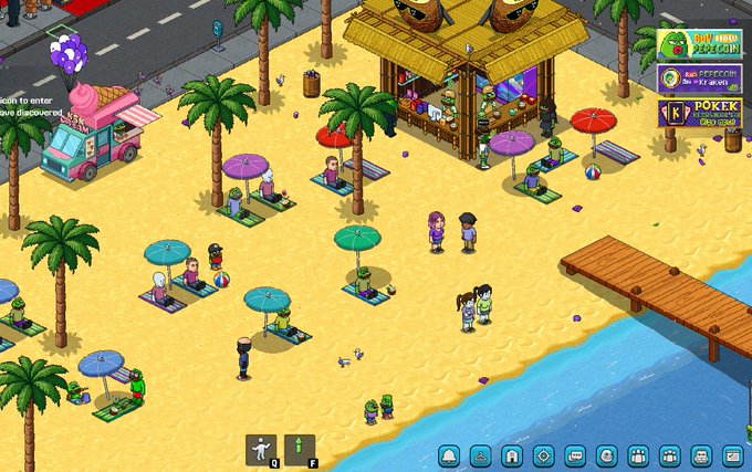 A pixel-art beach scene from a simulation game featuring sunbathers under colorful umbrellas, palm trees, a snack stand, and a wooden pier extending into the ocean.