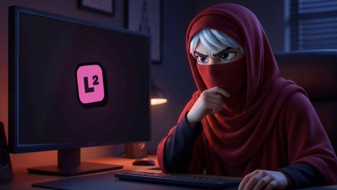 A masked figure in a red hood intensely stares at a computer screen displaying the "L²" logo, seemingly pondering the meme's tongue-in-cheek lament over the endless chain of launchpad platforms needed to launch more launchpads. The contemplative pose and the "L²" branding visually echo the recursive, self-referential humor of needing launchpads to launch launchpads that launch even more launchpads.
