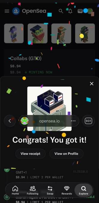 The image shows an OpenSea mobile app celebrating a successful NFT mint with a "Congrats! You got it!" message, displaying a pixel-art character NFT priced at $8.94. Confetti animations overlay the screen as the user mints an "Elixir" Collabs (GTD) NFT, matching the post about receiving a collab guarantee drop from @Elixir_HQ.