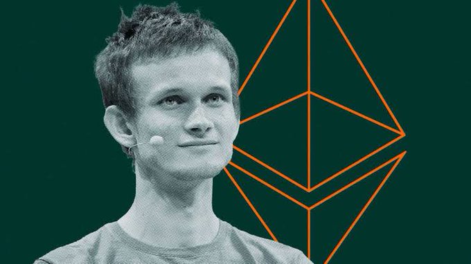 A halftone-style portrait of Vitalik Buterin, co-founder of Ethereum, shown wearing a headset microphone against a dark green background featuring an orange Ethereum logo.