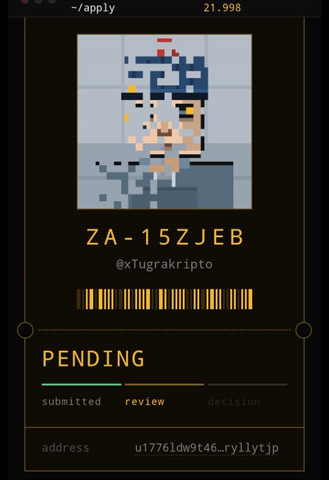 A ZADDR pending application page featuring pixel art, username 'ZA-15ZJEB' with handle @xTugrakripto, and a barcode. The status shows 'PENDING' in the review stage with the address starting 'u17761dw9t46...ry11ytjp'.