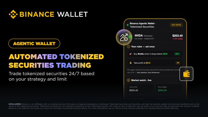 A Binance promotional graphic for its Agentic Wallet showcases automated tokenized securities trading 24/7, featuring an interface displaying NVDA (Nvidia) on-chain trades at $203.40, with customizable buy rules (e.g., "Buy Nvidia when it drops below $200") and take profit at $210, illustrating the set-and-go strategy described in the post.