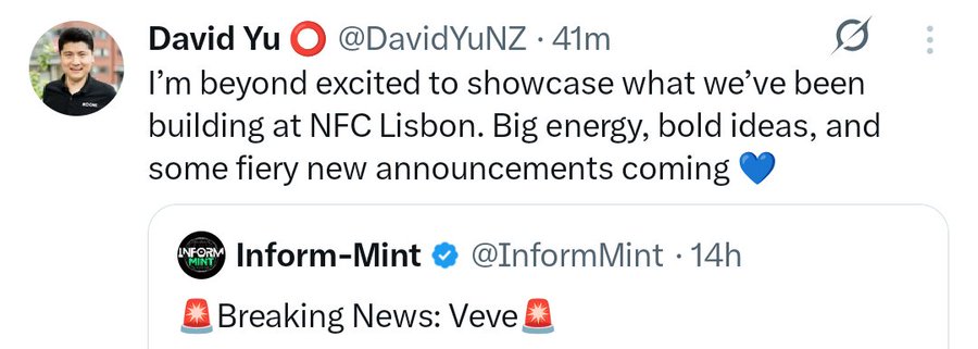 The image shows a Twitter post from David Yu, who has written about an exciting new announcement at the NFC Lisbon building. The post includes a link to the event page for more information. The text of the post reads: "David Yu @DavidYuNZ 41m I'm beyond excited to show you what we've been building at NFCC Lisbon Big Energy, Bold Ideas, and some fiery new announcements coming soon."