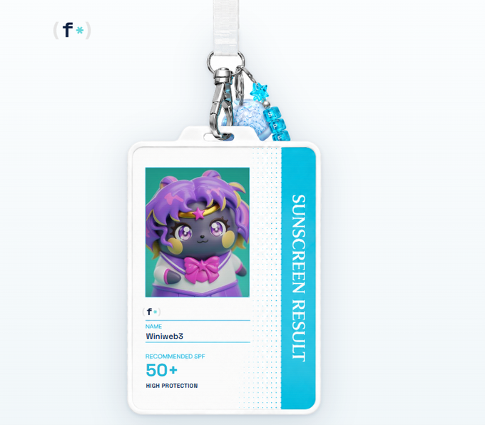 A Festive ("f*") branded ID badge lanyard displays a "Sunscreen Result" for user "Winiweb3" with a recommended SPF of 50+ for high protection, featuring a purple-haired anime-style character. The badge visually represents the FHE (Fully Homomorphic Encryption) sunscreen app mentioned in the post, illustrating how a user can receive a computed SPF result on encrypted skin data without it ever being decrypted.