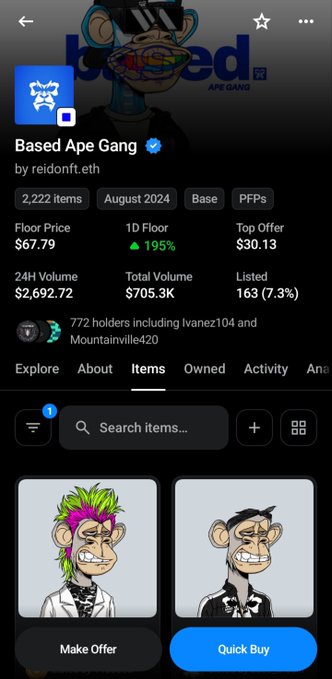 Screenshot of an OpenSea NFT collection page for 'Based Ape Gang' by reidnft.eth on the Base network, showing a floor price of $67.79, 24H volume of $2,692.72, and 2,222 items.