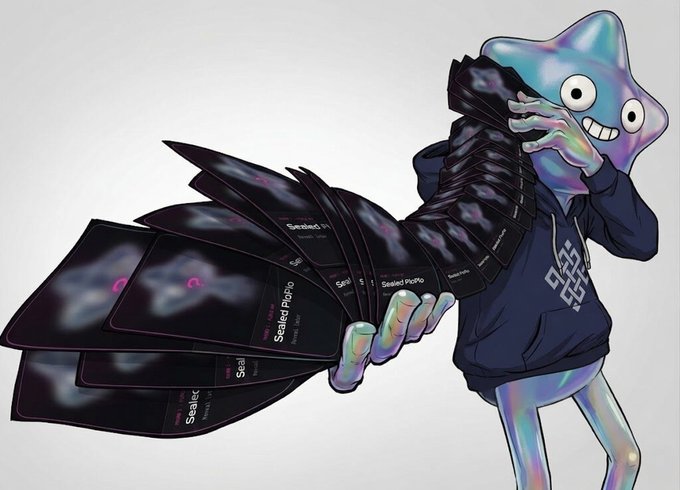 A holographic, iridescent star-shaped creature in a black hoodie displays a wide fan of 'Sealed PoPo' trading cards, grinning mischievously.