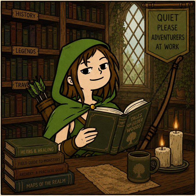 A cartoon illustration of a hooded archer in a library reading a book titled 'Tales of Elder Woods,' with a 'Quiet Please Adventurers at Work' sign, lit candles, and a stack of books labeled 'Herbs & Healing,' 'Field Guide to Monsters,' 'Archery: A Practical Guide,' and 'Maps of the Realm.'