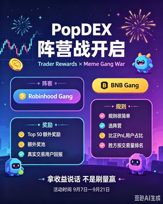 A colorful PopDEX campaign poster advertises a “Trader Rewards × Meme Gang War” with the “Robinhood Gang” competing for the “BNB Gang,” running September 7–21.