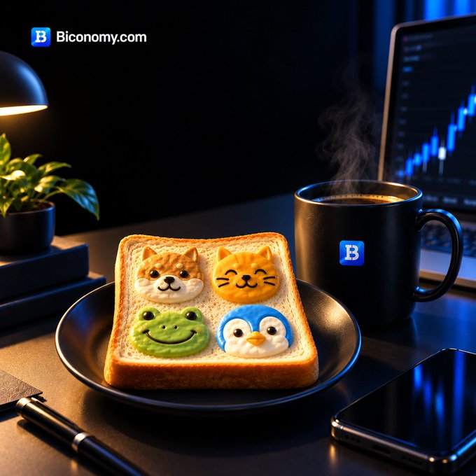 Promotional image for Biconomy.com showing a slice of toast with cat, dog, frog, and penguin face designs next to a steaming black mug with the B logo.