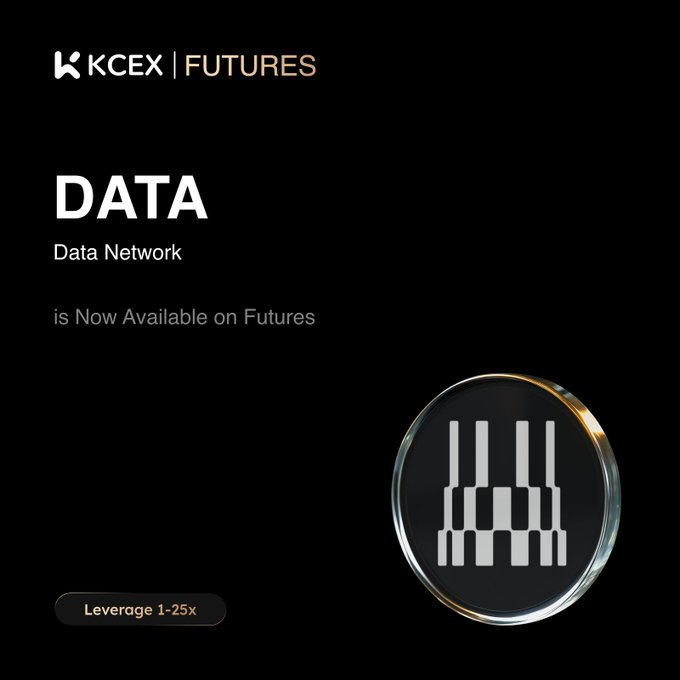 A black promotional graphic for 'KCEX | FUTURES' announcing that 'DATA' (Data Network) 'is Now Available on Futures' with 'Leverage 1-25x' and an icon of a piano keyboard.