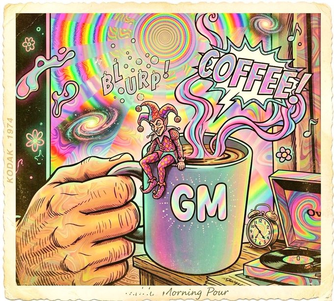 A retro-style illustration shows a hand gripping a steaming mug labeled "GM" with a jester perched on its rim, while psychedelic swirls and the words "BLURP!" and "COFFEE!" fill the vibrant 1974-style "Morning Pour" scene, tying into the post's motivational message about seizing the morning with humor and caffeinated encouragement.