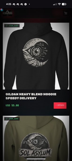 A mobile shopping website displaying "GILDAN HEAVY BLEND HOODIE" for "USD 55.00" with "SPEEDY DELIVERY" and a red "ENTER" button, along with item numbers ITEM_2487 and ITEM_2599.