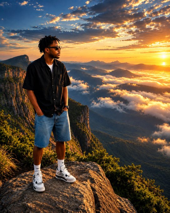 A person wearing sunglasses, a black shirt, denim shorts, and Air Jordans stands on a rocky mountain cliff overlooking a sunset landscape with clouds.