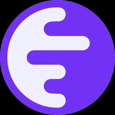 A simple logo consisting of a white stylized shape resembling the letter 'E' or sound waves centered on a solid purple circular background.