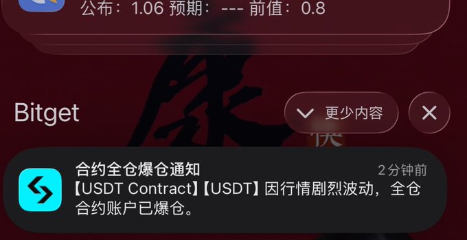 A mobile notification from Bitget displayed in Chinese, showing an alert that reads '合约全仓爆仓通知' (Contract full position liquidation notification) due to severe market volatility for USDT contracts.