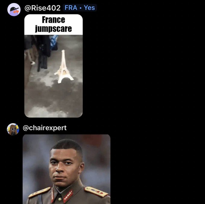 A "France jumpscare" meme featuring a tiny Eiffel Tower is posted by @Rise402, likely as a demo for the new GIF posting feature in Phantom chats. The following post shows a picture of Kylian Mbappé.