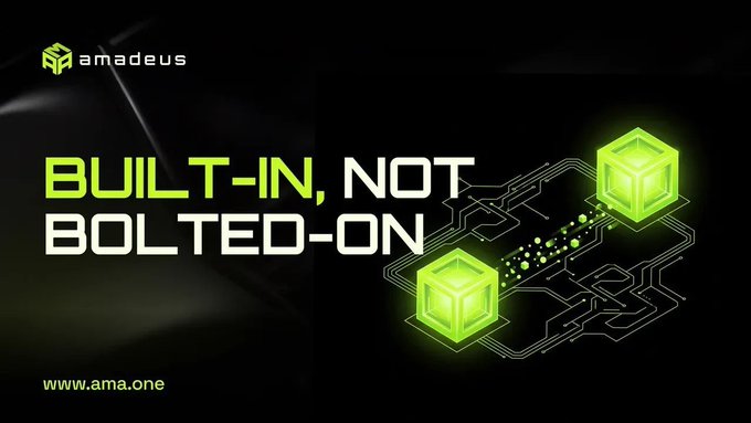 Black advertisement for Amadeus with the text 'BUILT-IN, NOT BOLTED-ON' in green and white, alongside 3D green cube graphics connected by circuit-like lines and the website www.ama.one.