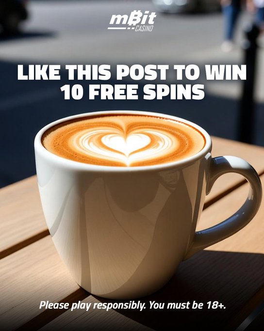An advertisement for 'mBit Casino' features a cup of coffee with latte art and the text 'LIKE THIS POST TO WIN 10 FREE SPINS', along with a responsible gambling disclaimer.